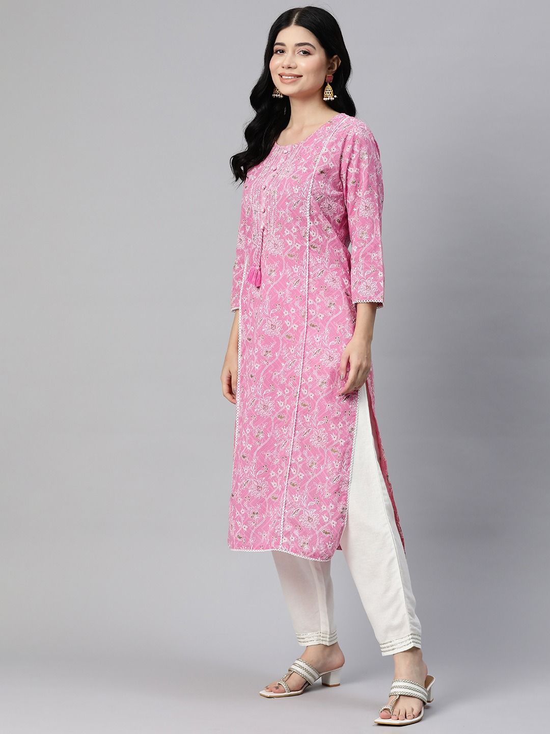 Straight Style Cotton Fabric Pink Color Kurti