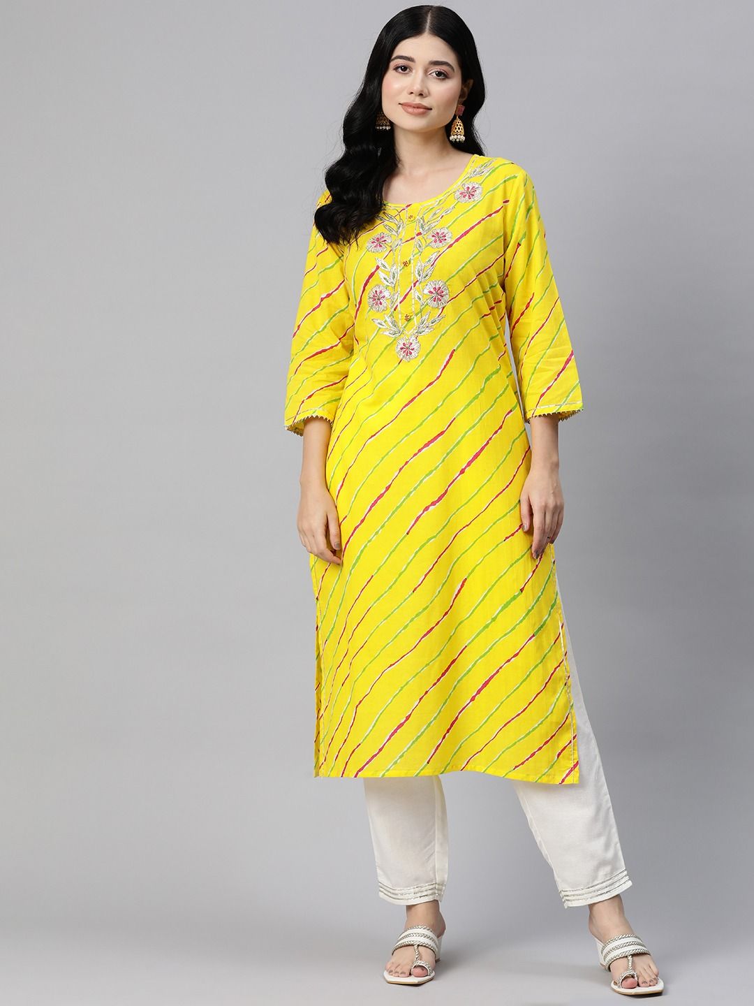 Straight Style Cotton Fabric Yellow Color Kurti