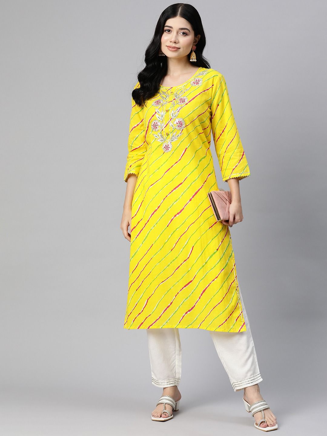 Straight Style Cotton Fabric Yellow Color Kurti