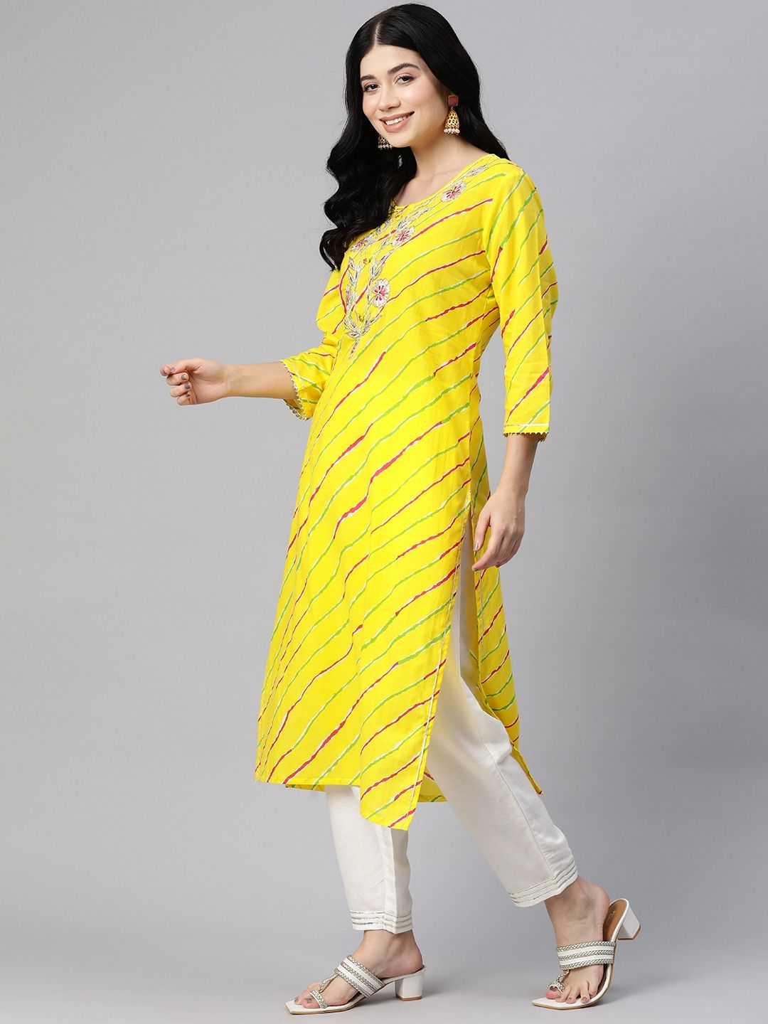 Straight Style Cotton Fabric Yellow Color Kurti