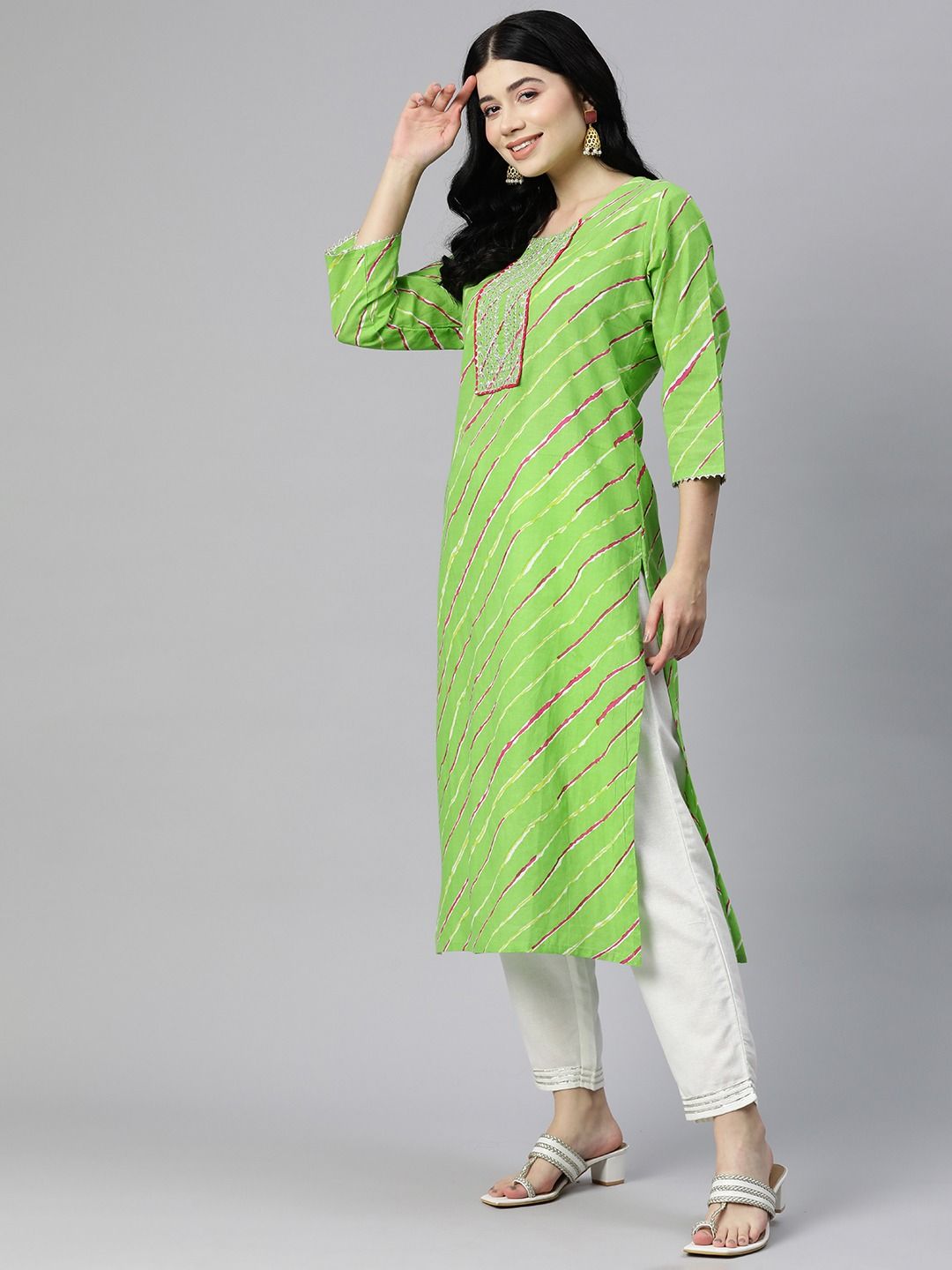 Straight Style Cotton Fabric Green Color Kurti