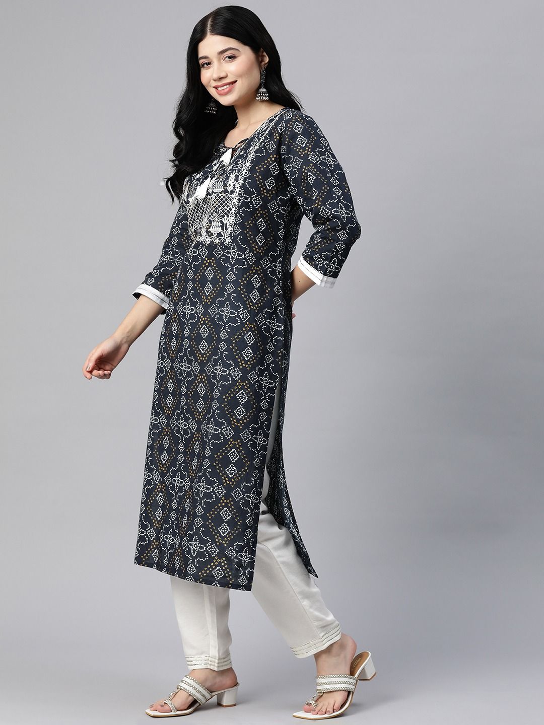 Straight Style Cotton Fabric Navy Blue Color Kurti
