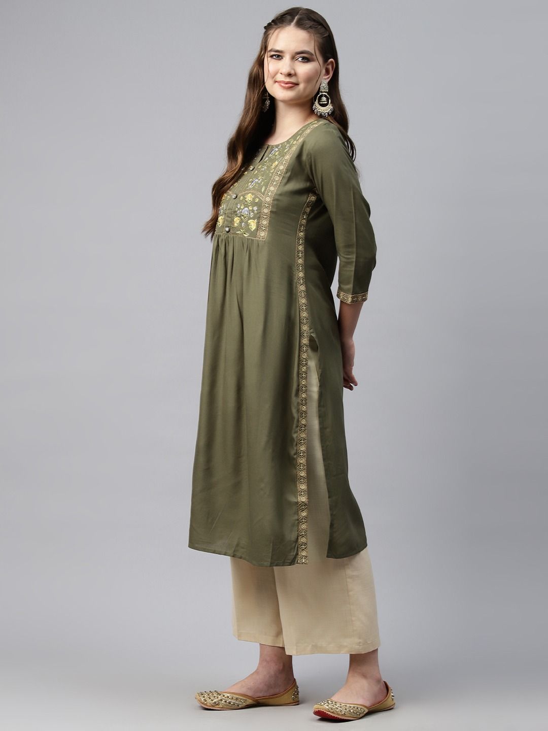 Naira Style Rayon Fabric Olive Green Color Kurti