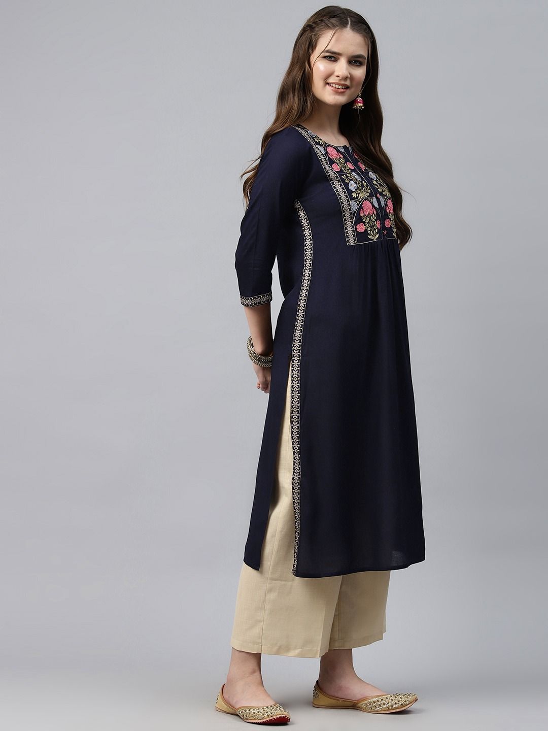 Naira Style Rayon Fabric Navy Blue Color Kurti