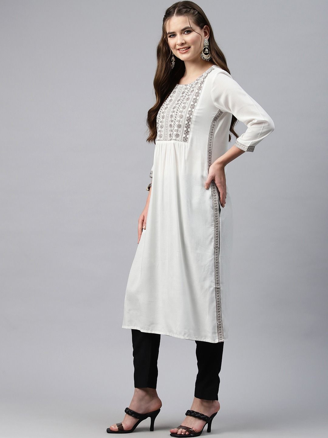 Naira Style Rayon Fabric White Color Kurti