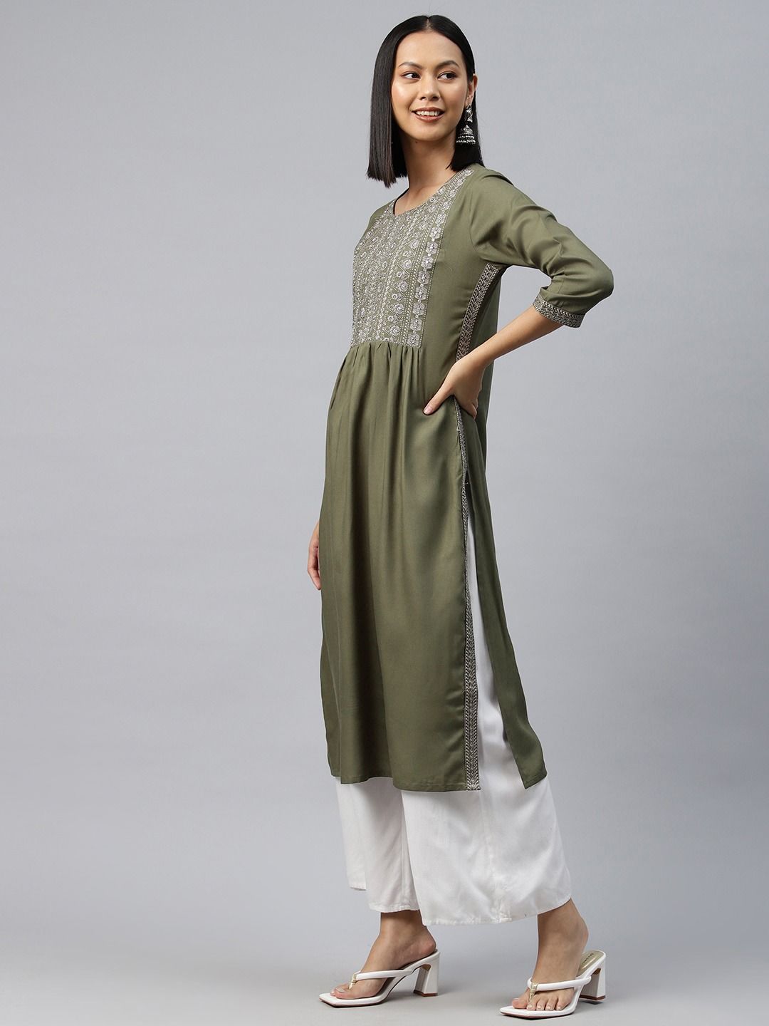 Naira Style Rayon Fabric Olive Green Color Kurti