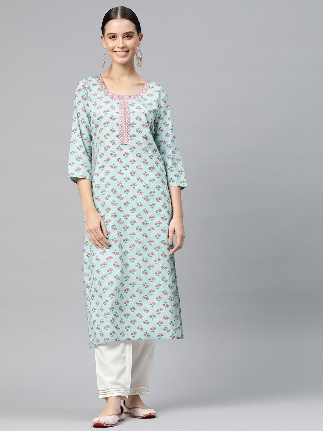Straight Style Cotton Fabric Sea Green Color Kurti