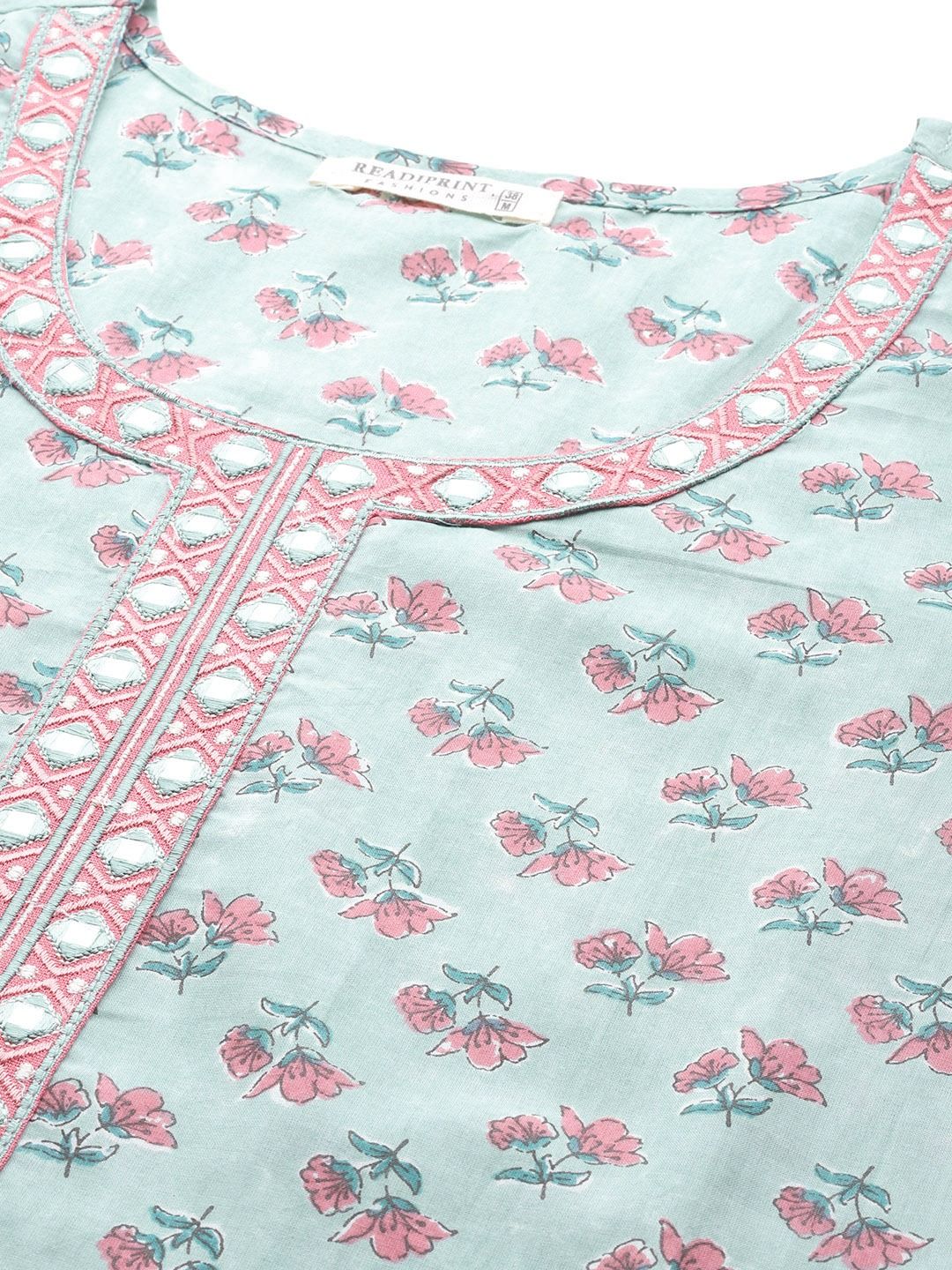 Straight Style Cotton Fabric Sea Green Color Kurti