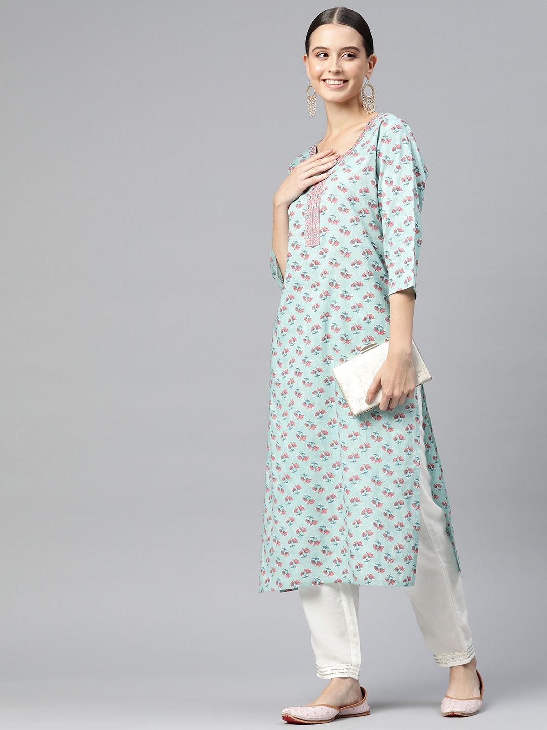 Straight Style Cotton Fabric Sea Green Color Kurti