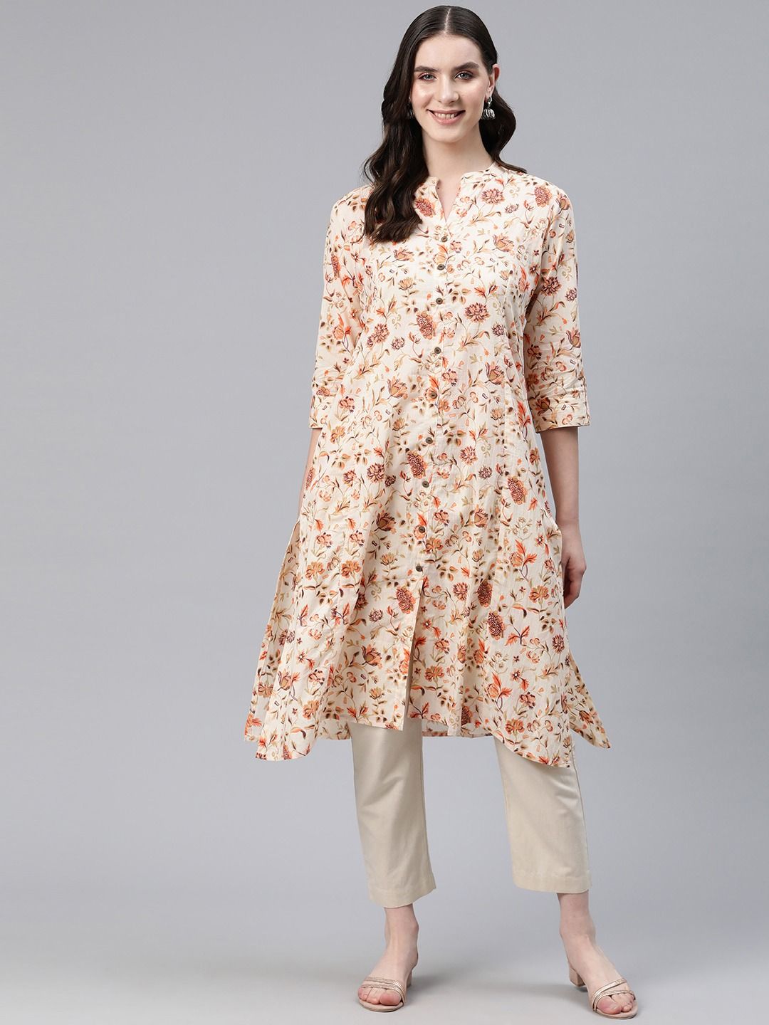 A-Line Style Cotton Fabric Peach Color Kurti