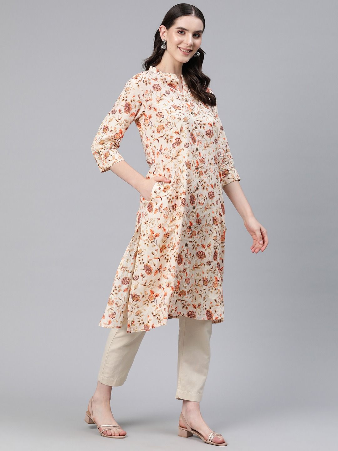A-Line Style Cotton Fabric Peach Color Kurti