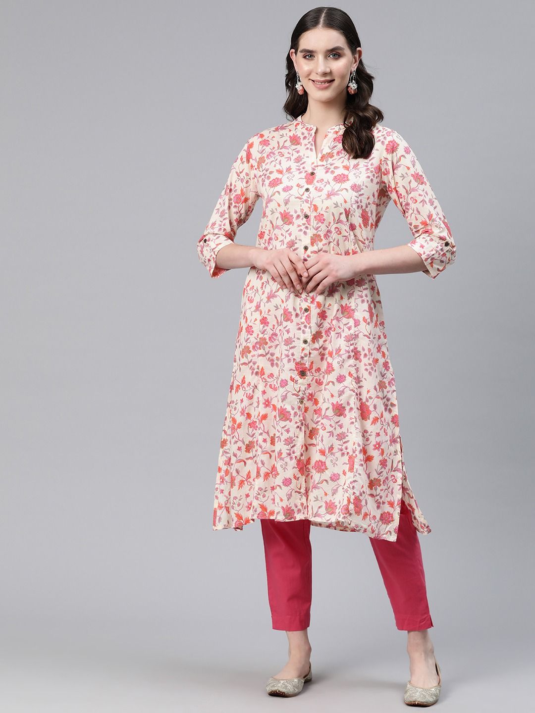 A-Line Style Cotton Fabric Pink Color Kurti
