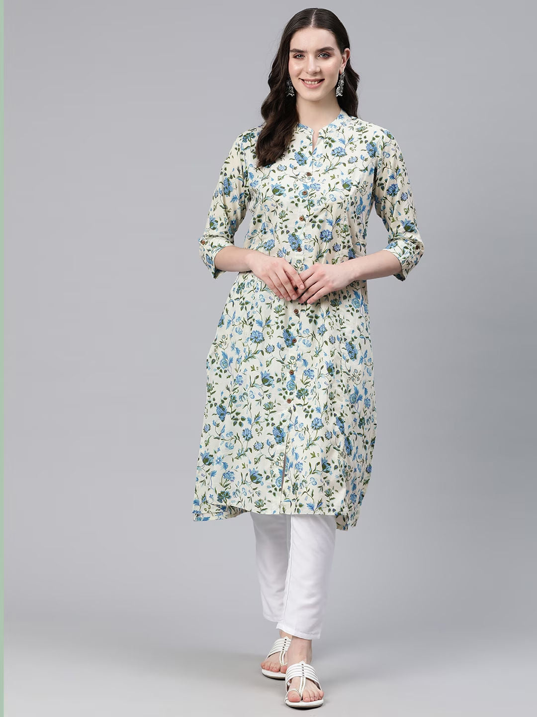 A-Line Style Cotton Fabric Blue Color Kurti