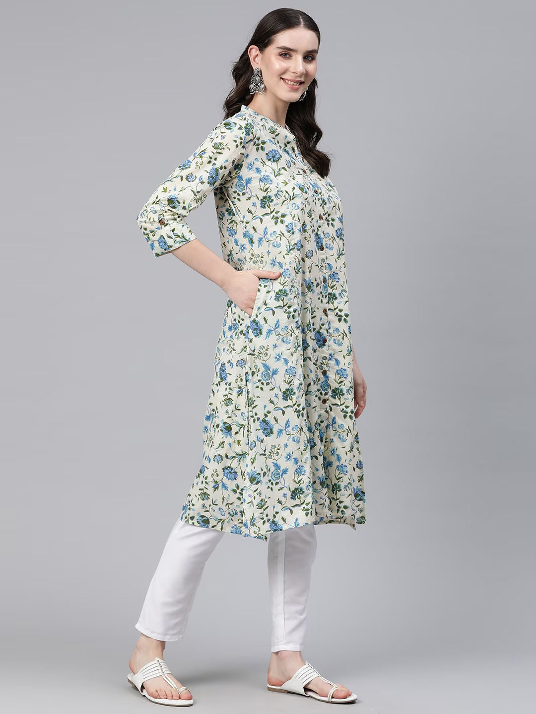 A-Line Style Cotton Fabric Blue Color Kurti