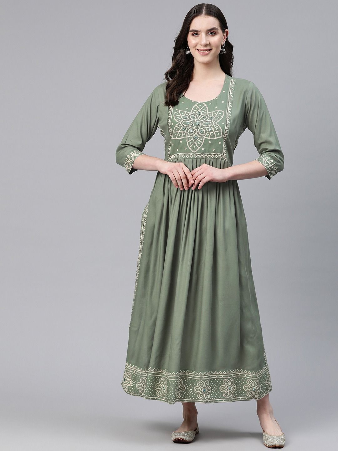 Anarkali Style Rayon Fabric Olive Green Color Kurti