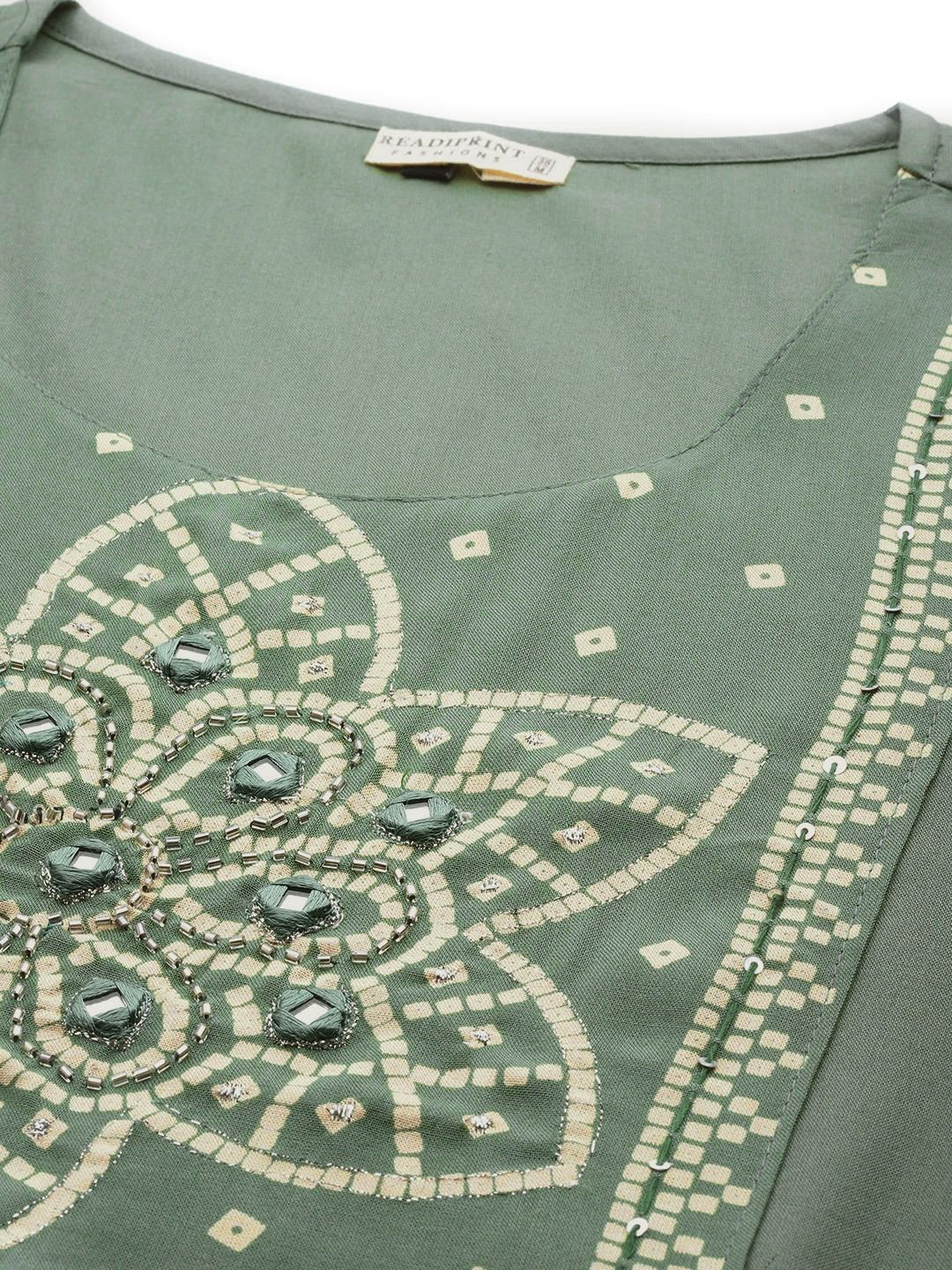 Anarkali Style Rayon Fabric Olive Green Color Kurti