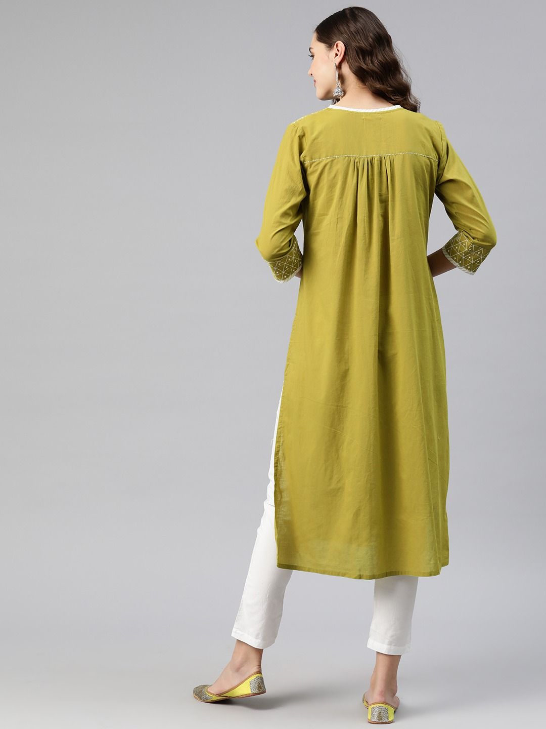 Anarkali Style Cotton Fabric Green Color Kurti