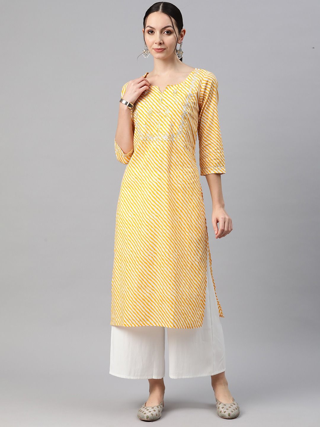 Straight Style Cotton Fabric Yellow Color Kurti