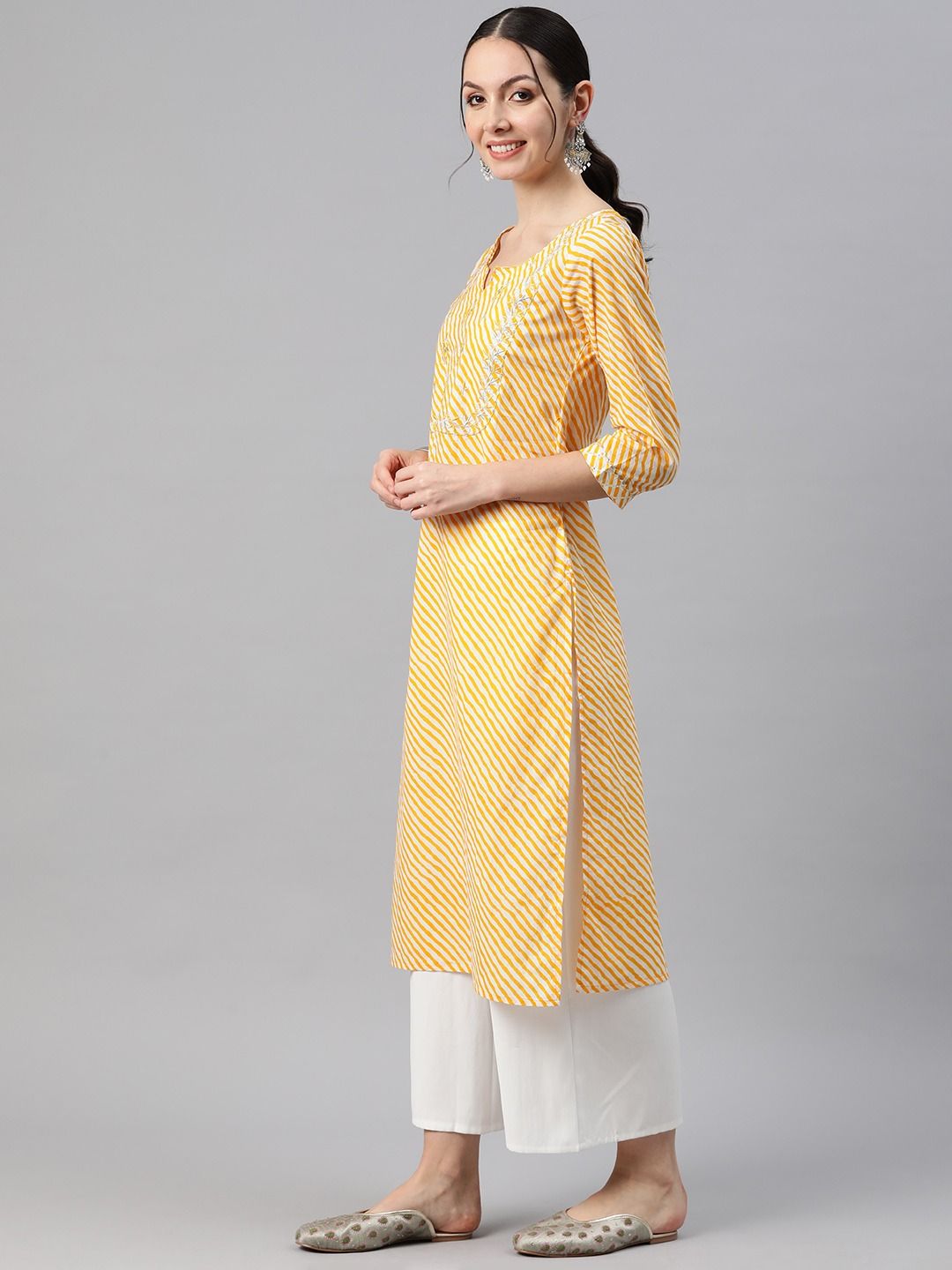 Straight Style Cotton Fabric Yellow Color Kurti