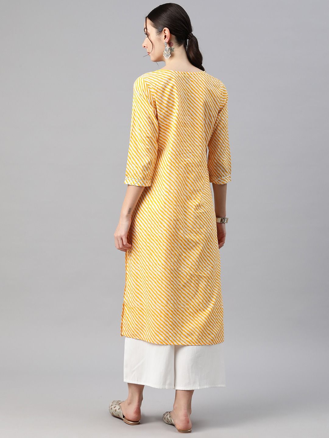 Straight Style Cotton Fabric Yellow Color Kurti