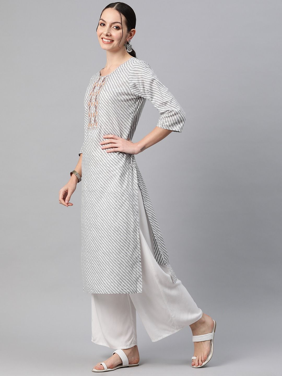 Straight Style Cotton Fabric Grey Color Kurti