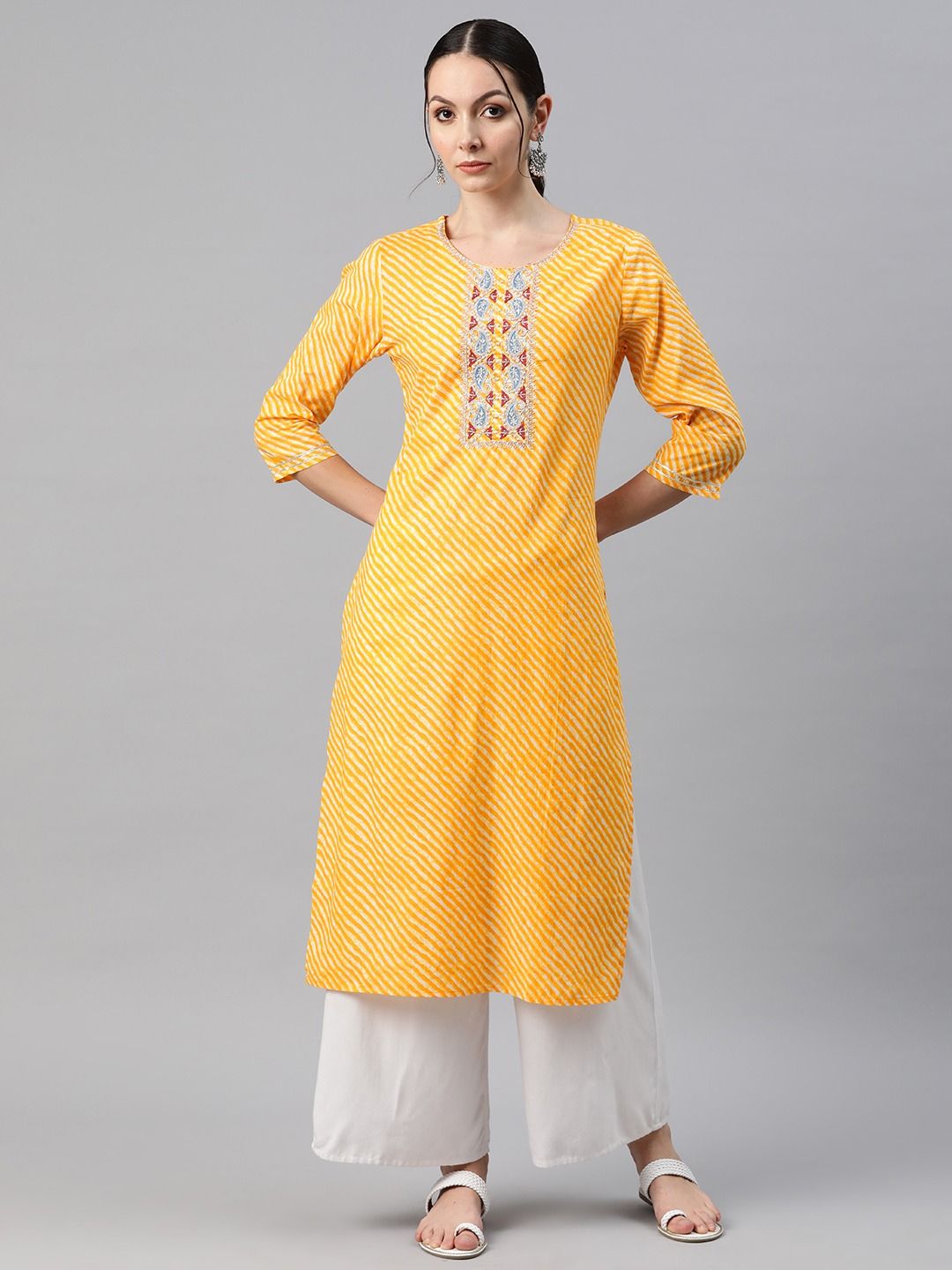 Straight Style Cotton Fabric Yellow Color Kurti