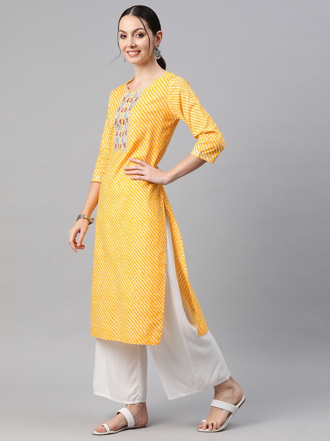 Straight Style Cotton Fabric Yellow Color Kurti