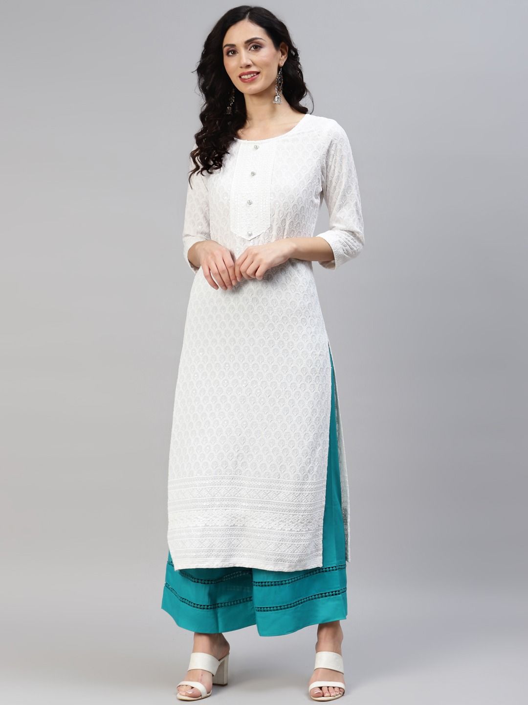 Straight Style Cotton Fabric White Color Kurta