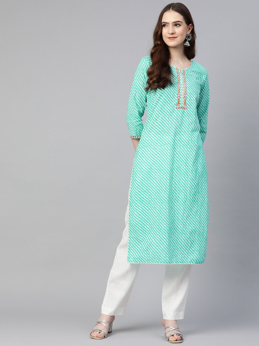 Straight Style Cotton Fabric Green Color Kurta