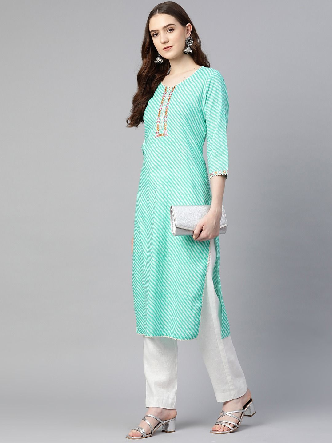 Straight Style Cotton Fabric Green Color Kurta