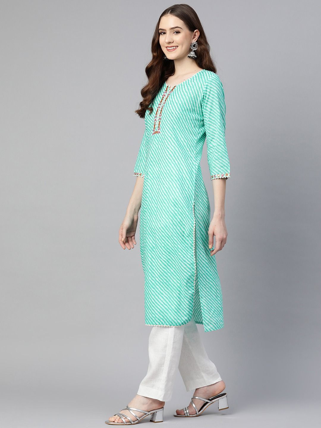 Straight Style Cotton Fabric Green Color Kurta