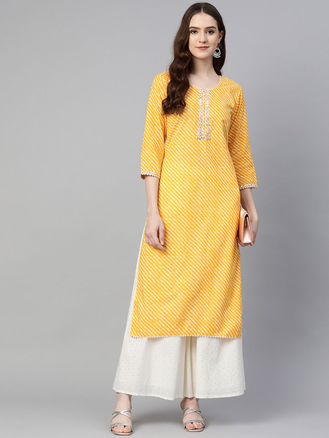 Straight Style Cotton Fabric Yellow Color Kurta