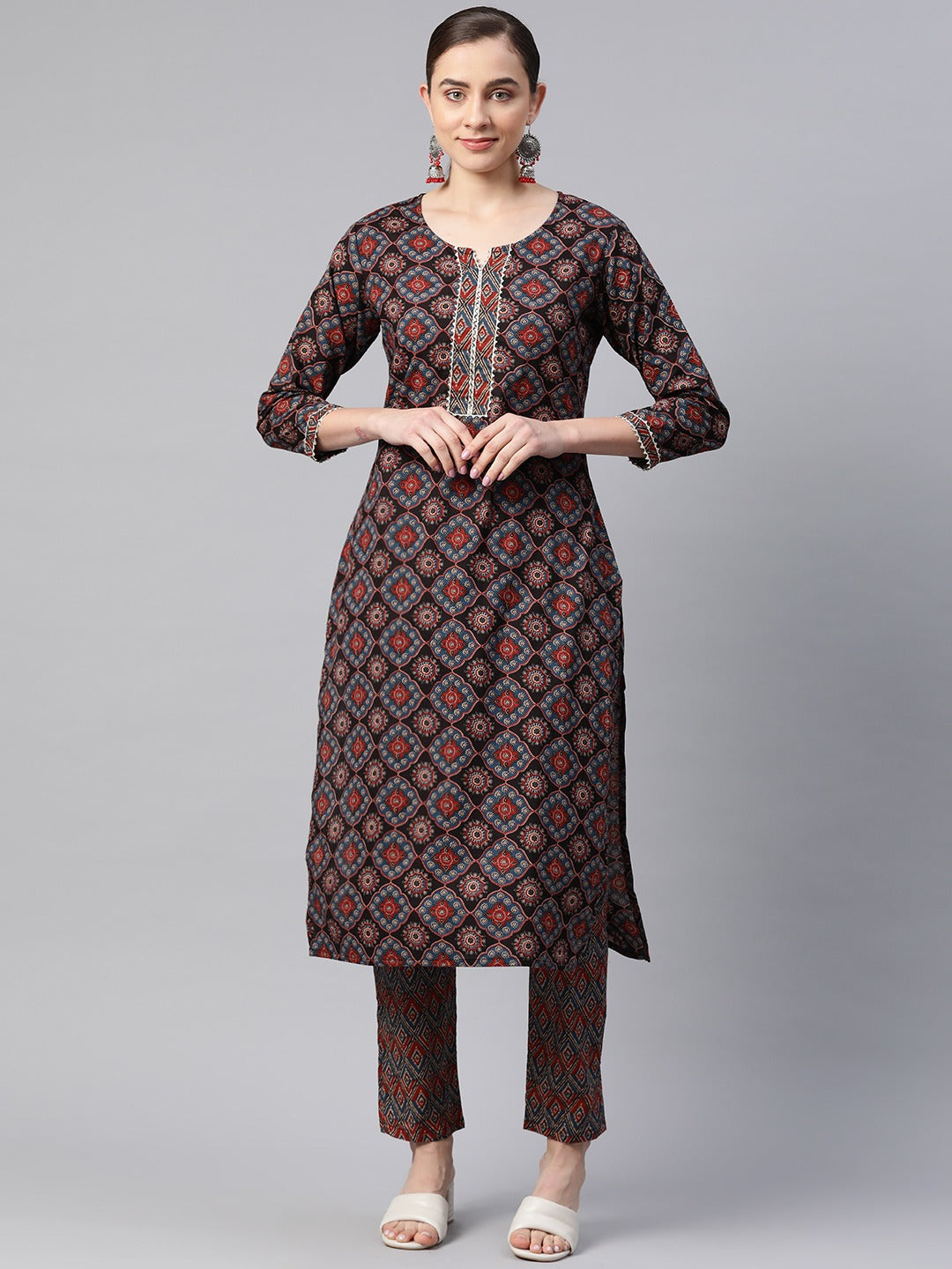 Straight Style Cotton Fabric Black Color Kurta With Bottom