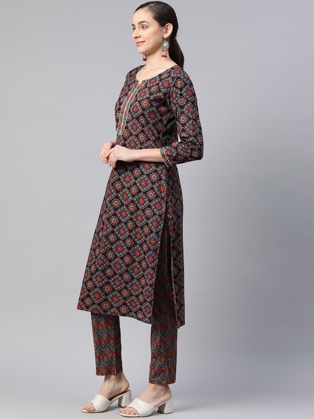 Straight Style Cotton Fabric Black Color Kurta With Bottom