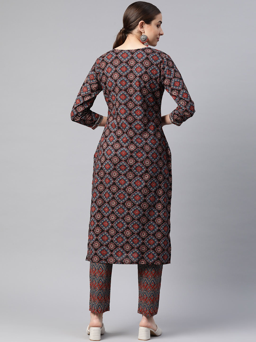 Straight Style Cotton Fabric Black Color Kurta With Bottom