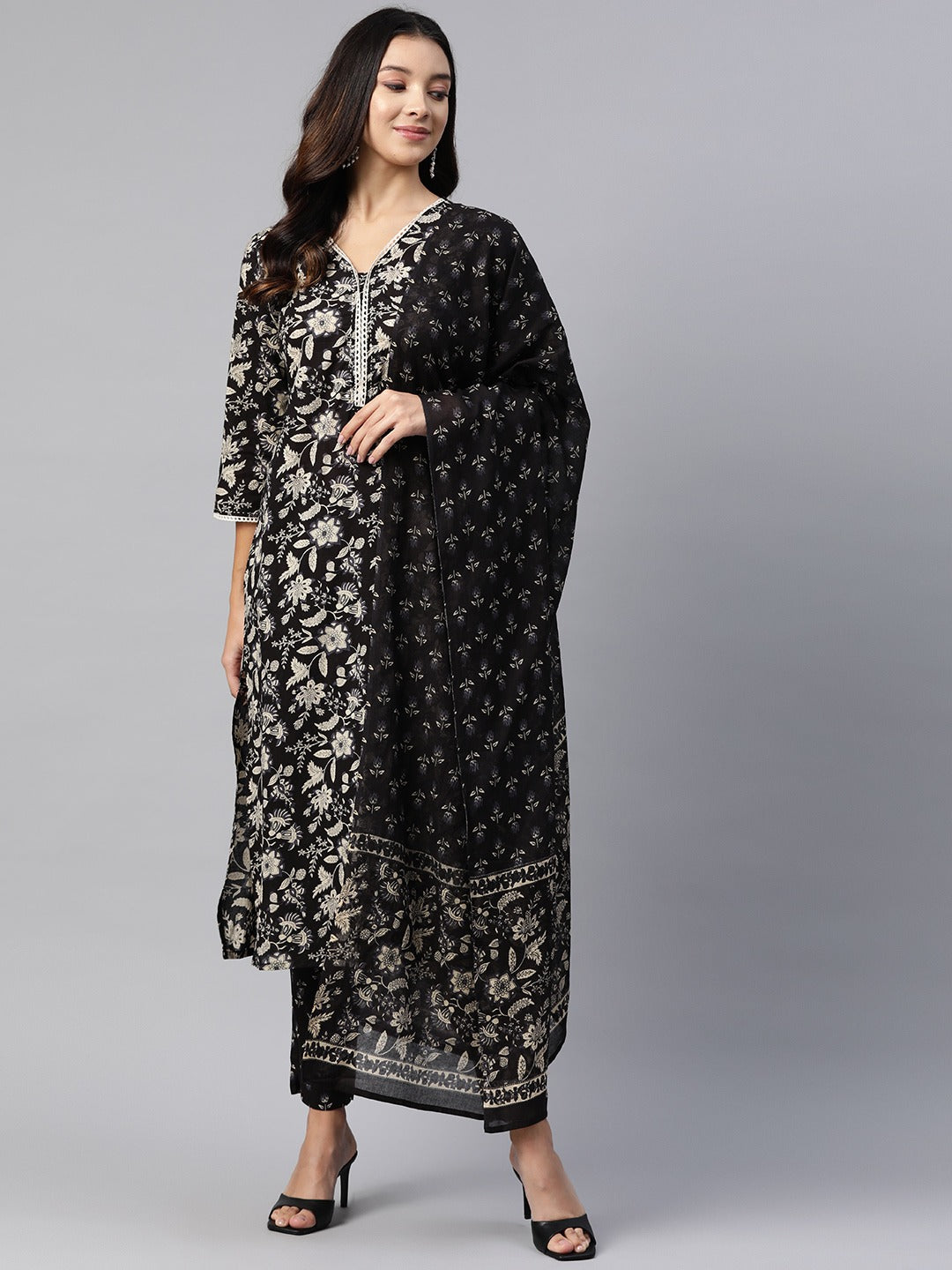 Straight Style Cotton Fabric Black Color Kurta And Bottom With Dupatta