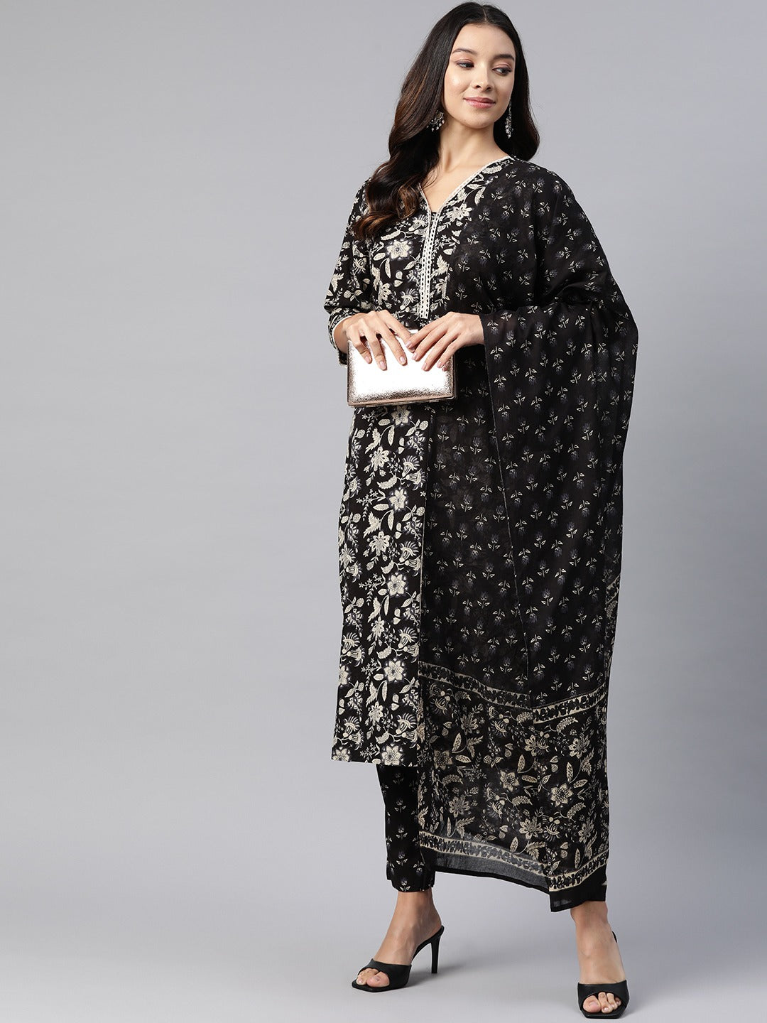 Straight Style Cotton Fabric Black Color Kurta And Bottom With Dupatta