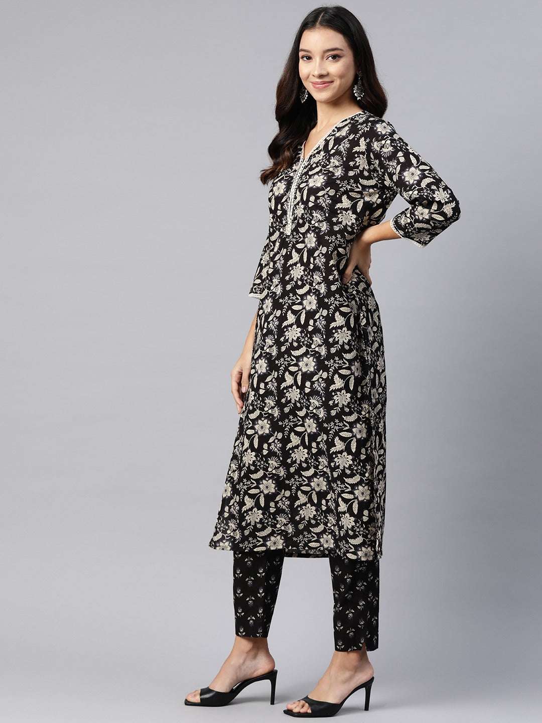 Straight Style Cotton Fabric Black Color Kurta And Bottom With Dupatta