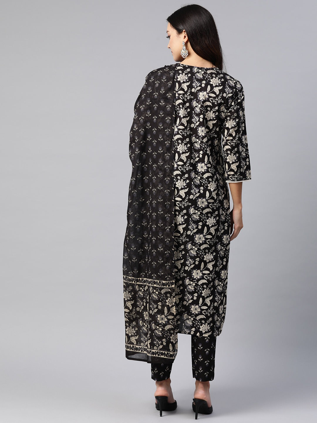 Straight Style Cotton Fabric Black Color Kurta And Bottom With Dupatta
