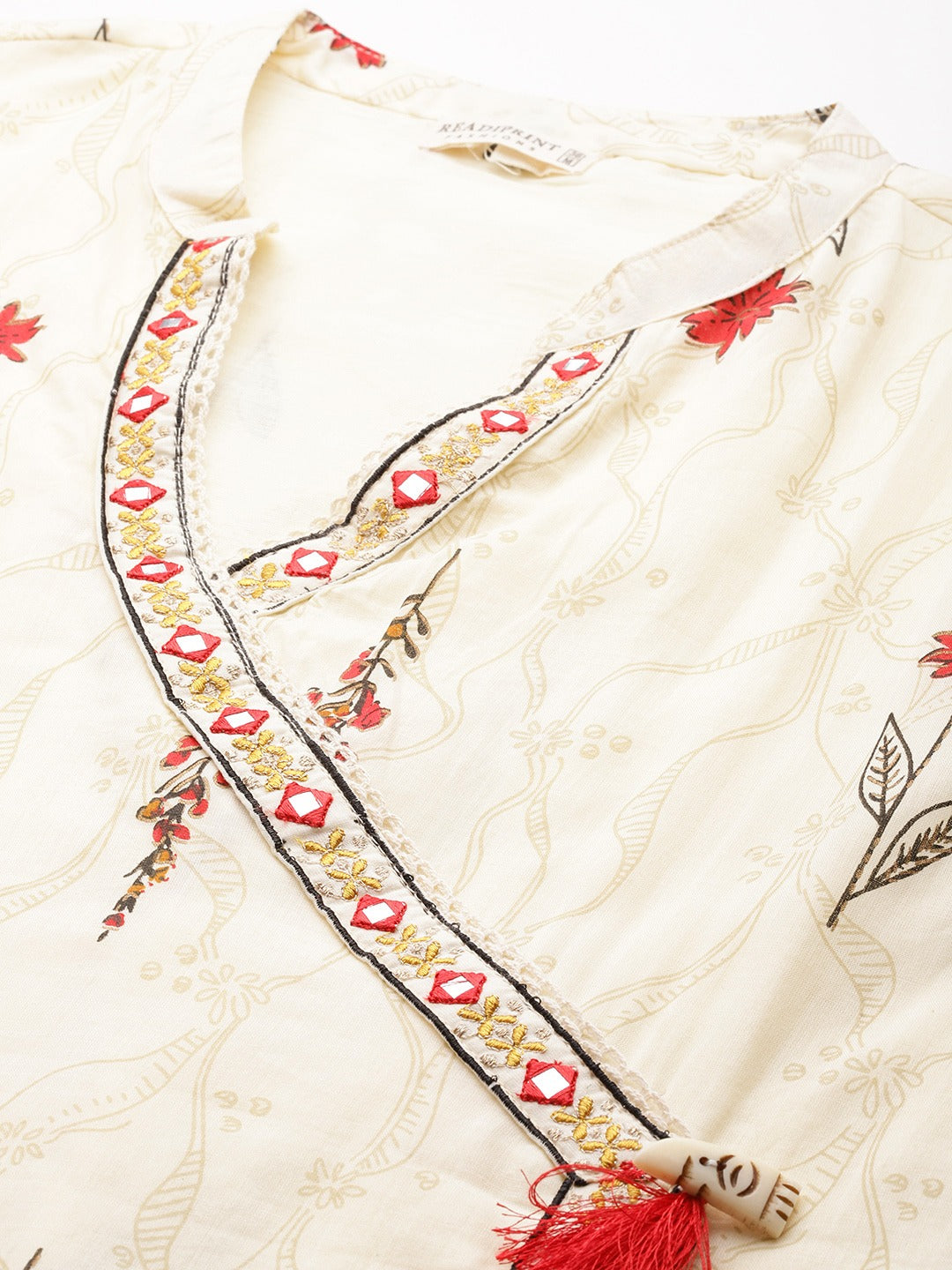 A Line Style Cotton Fabric Cream And Red Color Kurta And Bottom With Dupatta