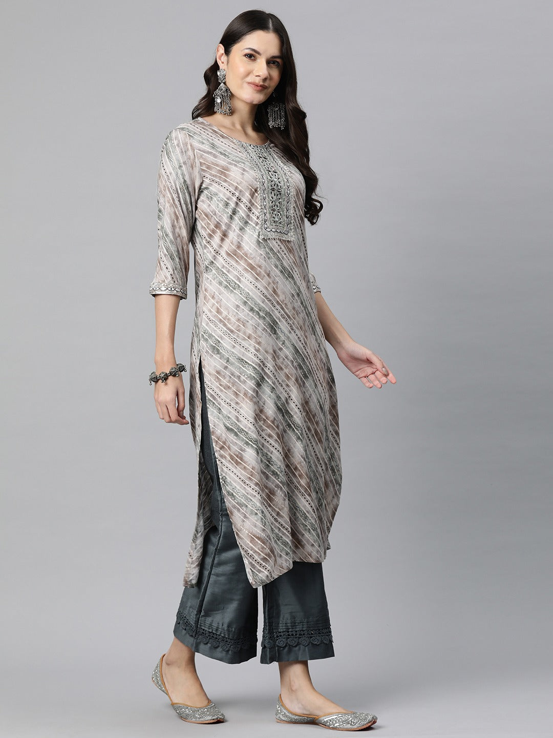 Straight Style Rayon Fabric Grey Color Kurta