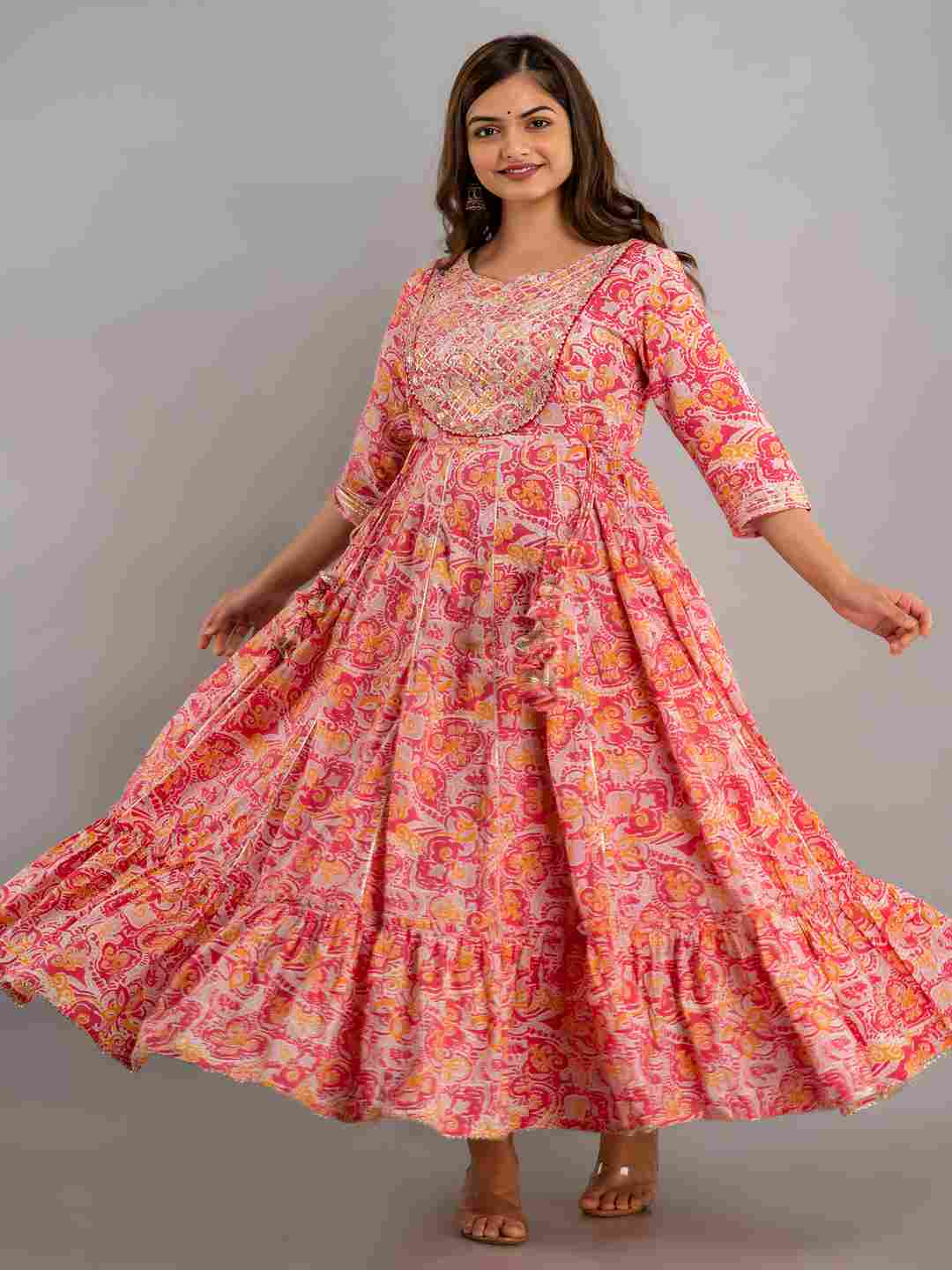 strapless open back dress Embroidered Cotton Flared 3/4 Sleeves Ankle Length Dress – Trendphoria