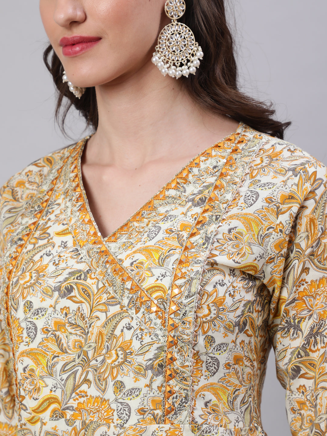 Cotton Calf Length Printed Semi-Flared 3/4 Sleeves V-Neck Kurta Bottom Dupatta Set