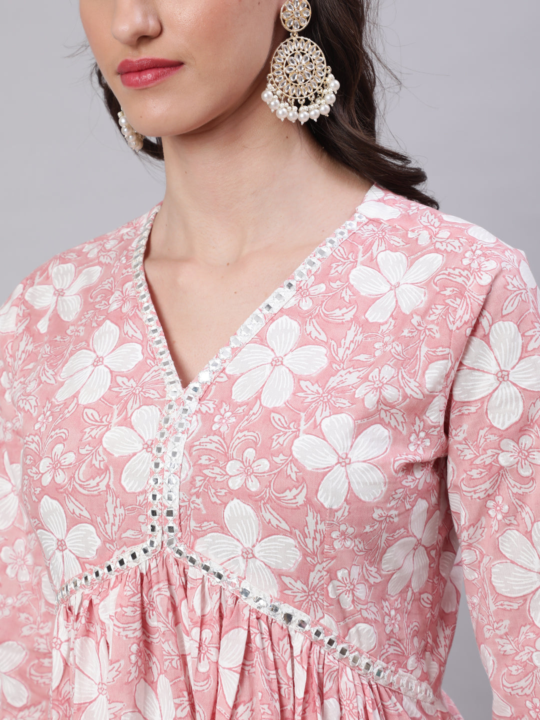 Cotton Calf Length Printed Semi-Flared 3/4 Sleeves V-Neck Kurta Bottom Dupatta Set