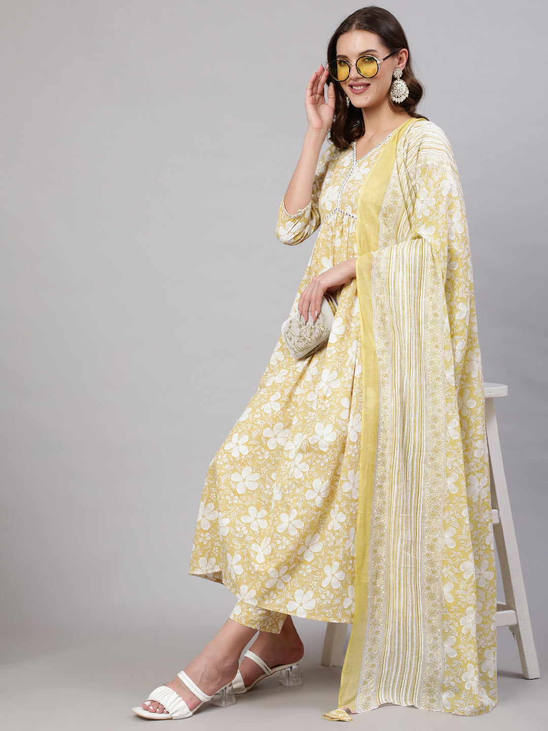Cotton Calf Length Printed & Embroidery Semi-Flared 3/4 Sleeves V Neck Kurta Bottom Dupatta Set