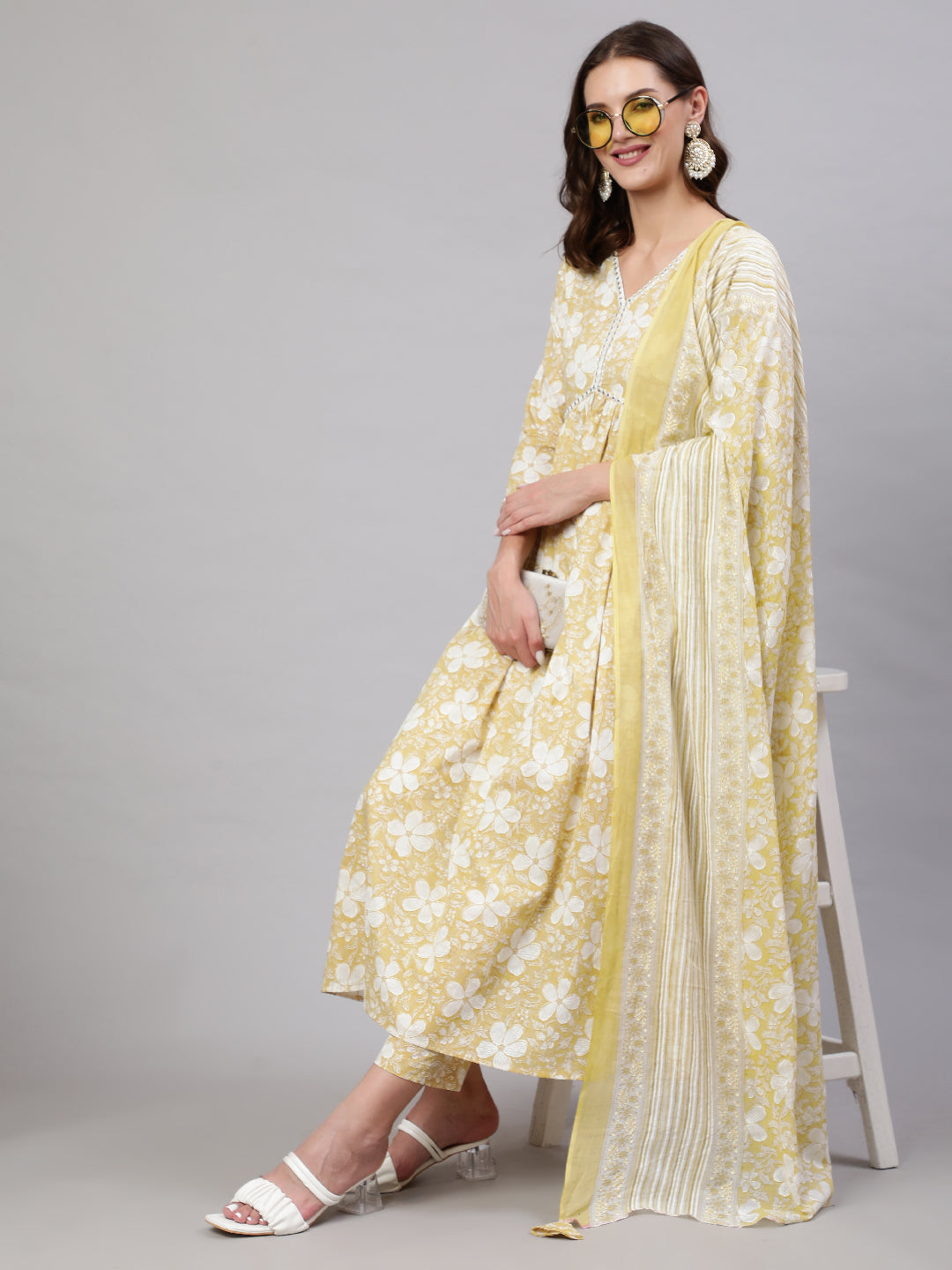 Cotton Calf Length Printed & Embroidery Semi-Flared 3/4 Sleeves V Neck Kurta Bottom Dupatta Set