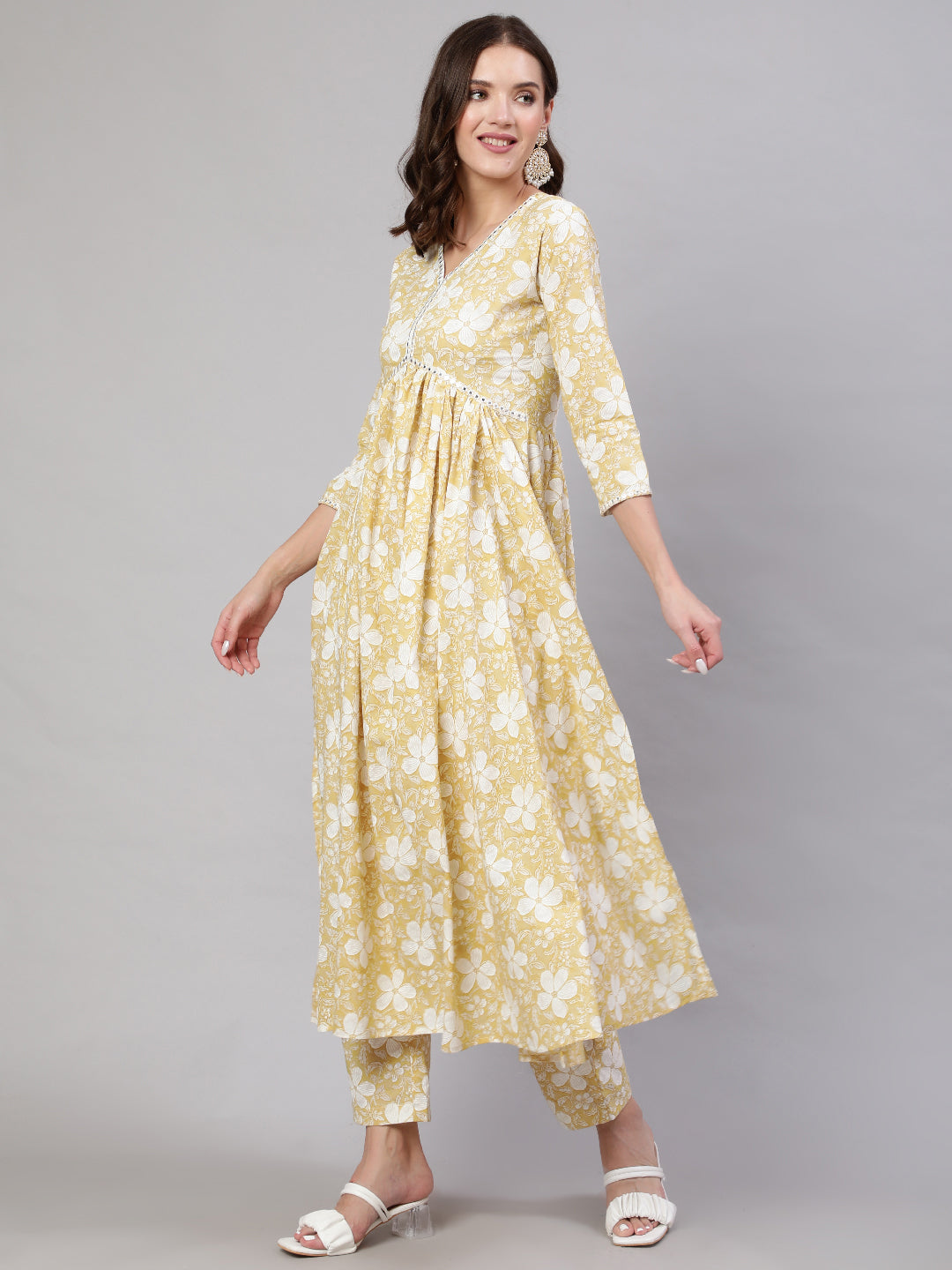 Cotton Calf Length Printed & Embroidery Semi-Flared 3/4 Sleeves V Neck Kurta Bottom Dupatta Set