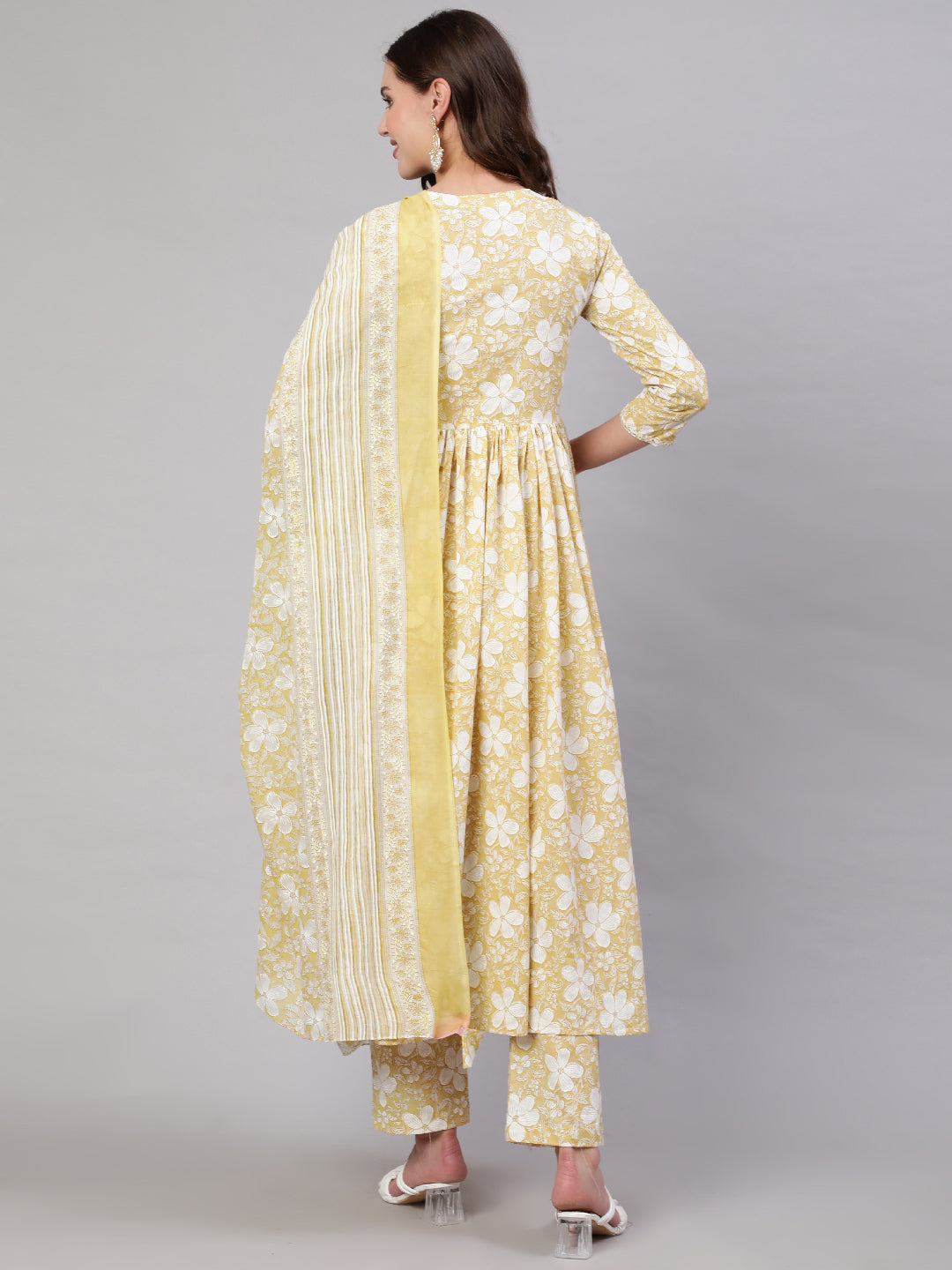Cotton Calf Length Printed & Embroidery Semi-Flared 3/4 Sleeves V Neck Kurta Bottom Dupatta Set