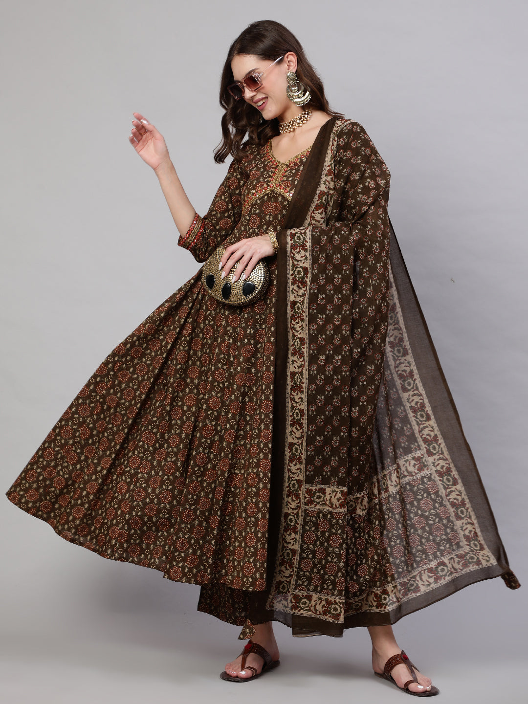 Cotton Calf Length Printed & Embroidery Semi-Flared 3/4 Sleeves V Neck Kurta Bottom Dupatta Set