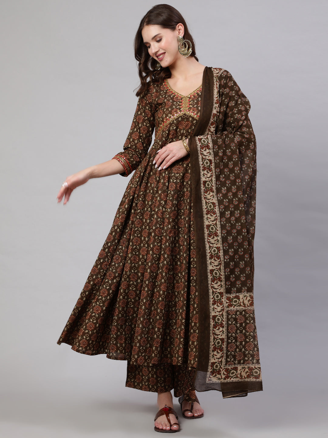 Cotton Calf Length Printed & Embroidery Semi-Flared 3/4 Sleeves V Neck Kurta Bottom Dupatta Set